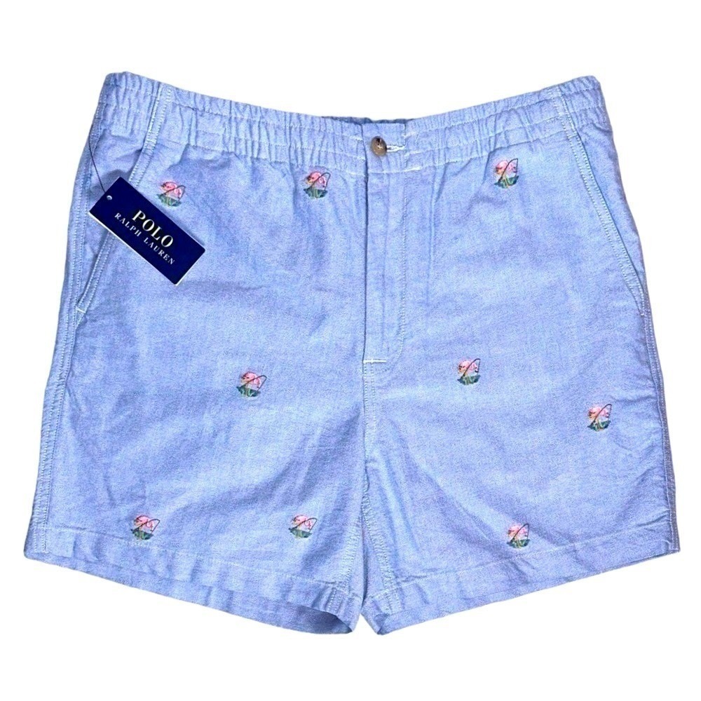 Polo Ralph Lauren Mens Size Large Blue Cotton Shorts Embroidered Flamingos NWT